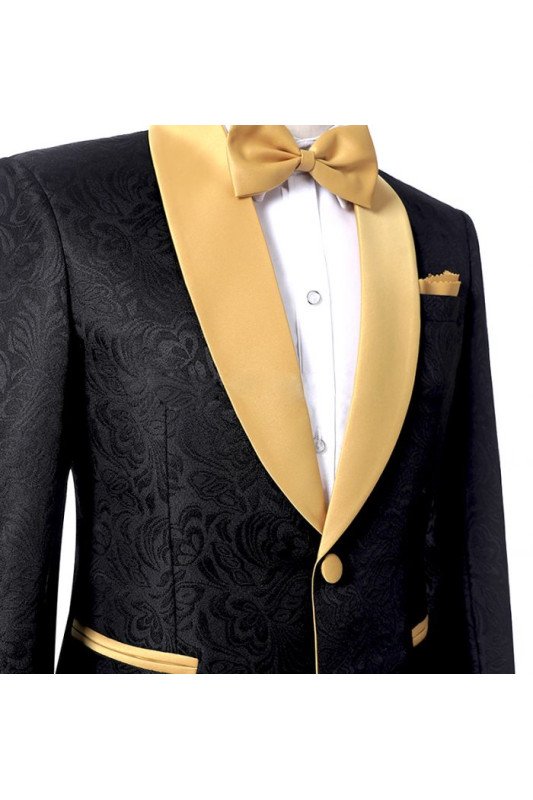 Stylish Black Two Pieces Prom Suits | Jacquard Wedding Tuxedo with One Button
