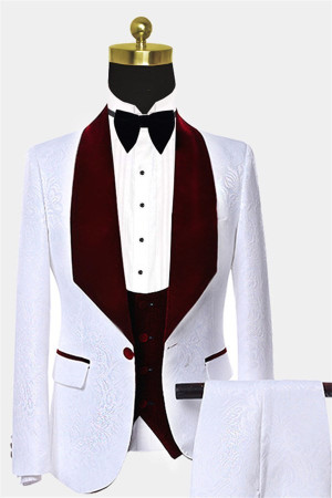 White Jacquard Slim Fit Men Suits with Burgundy Lapel White Jacquard Slim Fit Men Suits with Burgundy Lapel