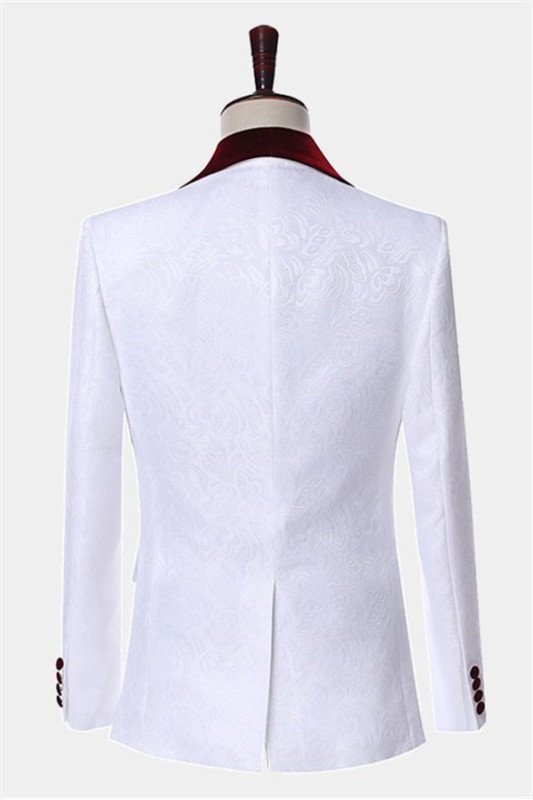 White Jacquard Slim Fit Men Suits with Burgundy Lapel