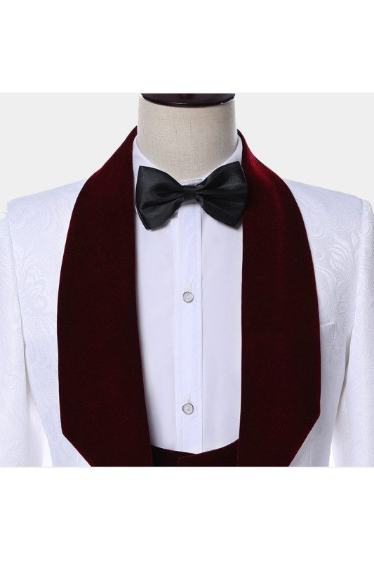 White Jacquard Slim Fit Men Suits with Burgundy Lapel