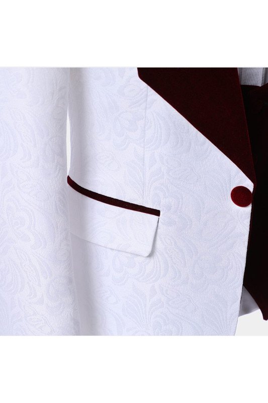 White Jacquard Slim Fit Men Suits with Burgundy Lapel