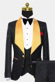 Black Jacquard Tuxedo with Gold Shawl Lapel | Chic 3-Piece Men Suits