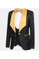 Black Jacquard Tuxedo with Gold Shawl Lapel | Chic 3-Piece Men Suits