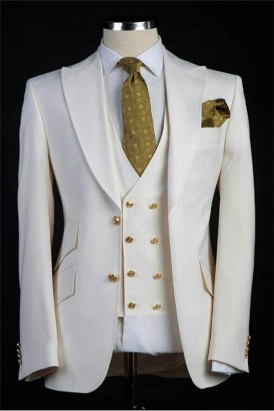 Chic White Wedding Groom Suits | Bespoke Gold Buttons Tuxedos for Men