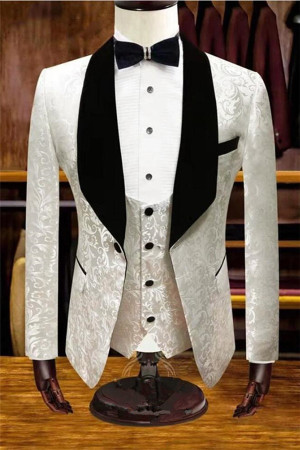 White Jacquard Wedding Tuxedos |  Men Suits for Groom with 3 Pieces White Jacquard Wedding Tuxedos |  Men Suits for Groom with 3 Pieces