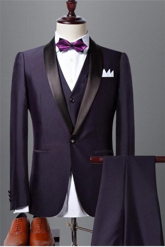 Classic Slim Fit Dark Purple Shawl Lapel Black Wedding Tuxedo