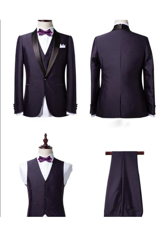 Classic Slim Fit Dark Purple Shawl Lapel Black Wedding Tuxedo