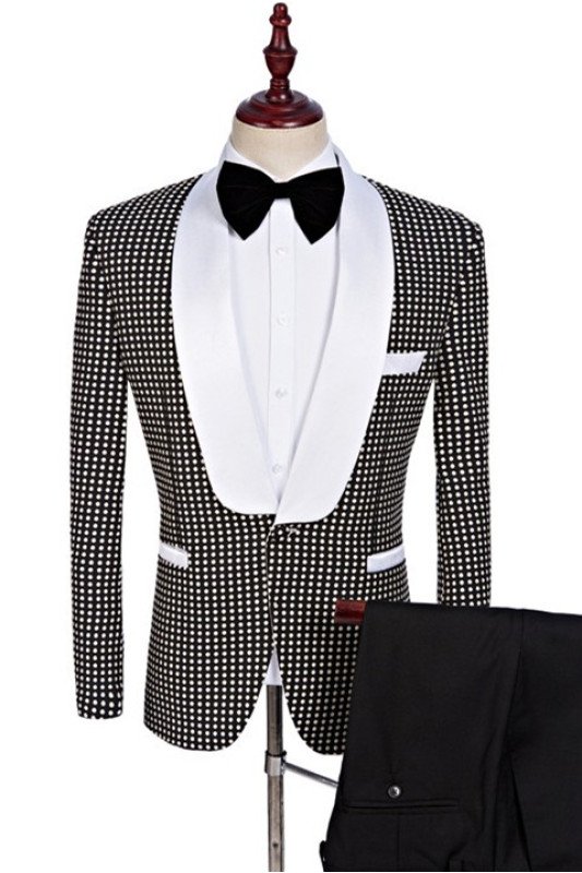 New Arrival Black and White Shawl Lapel Wedding Suits with Dot