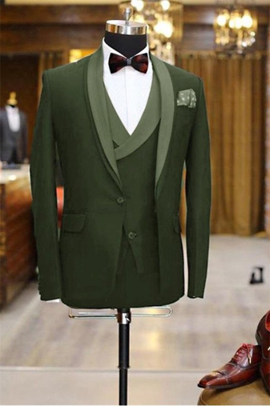 New Arrival Olive Green Shawl Lapel Tuxedo | 3 Pieces Men Prom Dress Suits Tuxedos