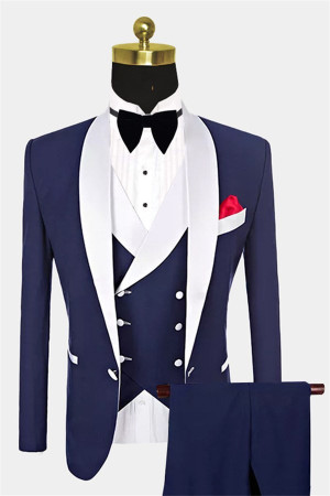 Navy Blue Stylish White Shawl Lapel  One Button Wedding Tuxedos 3 Pieces Navy Blue Stylish White Shawl Lapel  One Button Wedding Tuxedos 3 Pieces