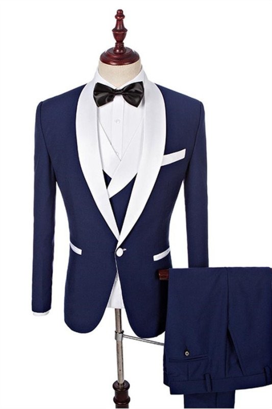 Navy Blue Stylish White Shawl Lapel  One Button Wedding Tuxedos 3 Pieces