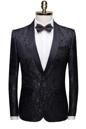 Black Jacquard Shawl Lapel Men Suits | Chic Best Fitted Two-Pieces Wedding Groom Tuexdos