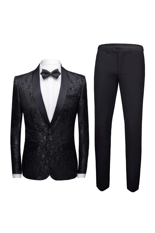 Black Jacquard Shawl Lapel Men Suits | Chic Best Fitted Two-Pieces Wedding Groom Tuexdos