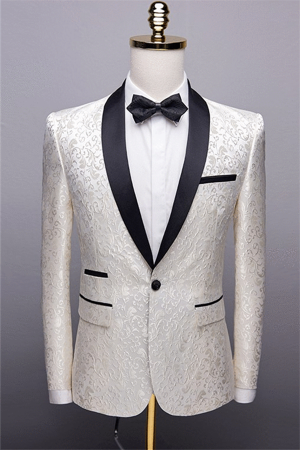 White Jacquard One Button Wedding Tuexdos with Black Shawl Lapel White Jacquard One Button Wedding Tuexdos with Black Shawl Lapel