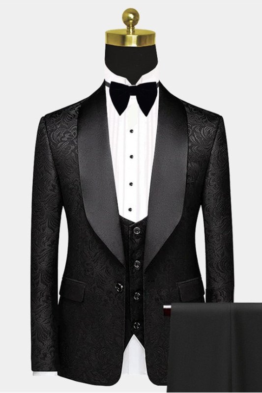 Black Satin Shawl Lapel Prom Suits | One Button Chic Jacquard Wedding Tuxedos