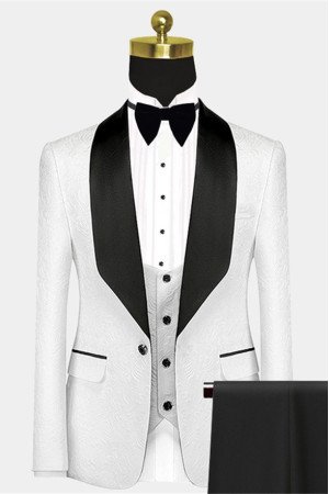 Stylish Bespoke Black Satin Lapel Jacquard White Wedding Suits Stylish Bespoke Black Satin Lapel Jacquard White Wedding Suits