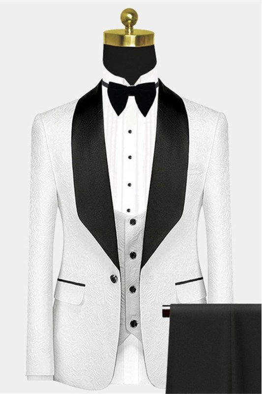 Stylish Bespoke Black Satin Lapel Jacquard White Wedding Suits