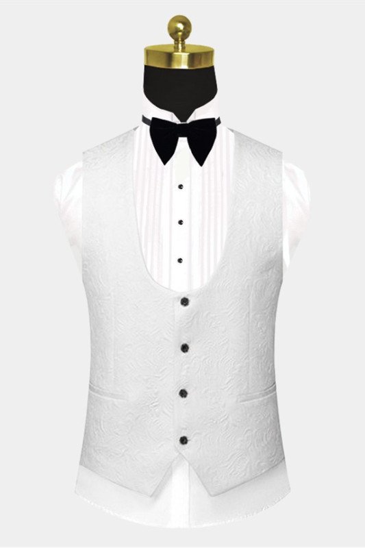 Stylish Bespoke Black Satin Lapel Jacquard White Wedding Suits