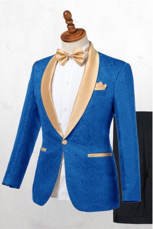 New Arrival Ocean Blue Jacquard Best Fitted Wedding Suits