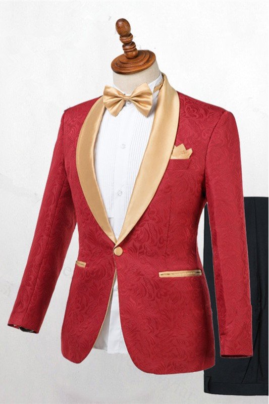 Latest Design Red Jacquard One Button Wedding Men Suits with Gold Lapel