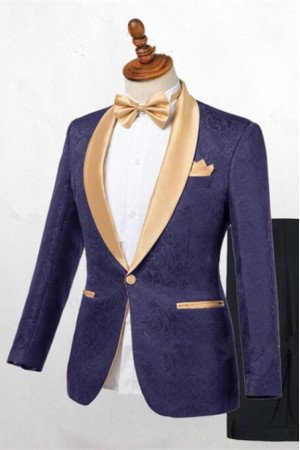 Dark Blue Jacquard Shawl Lapel Slim Fit Wedding Suits