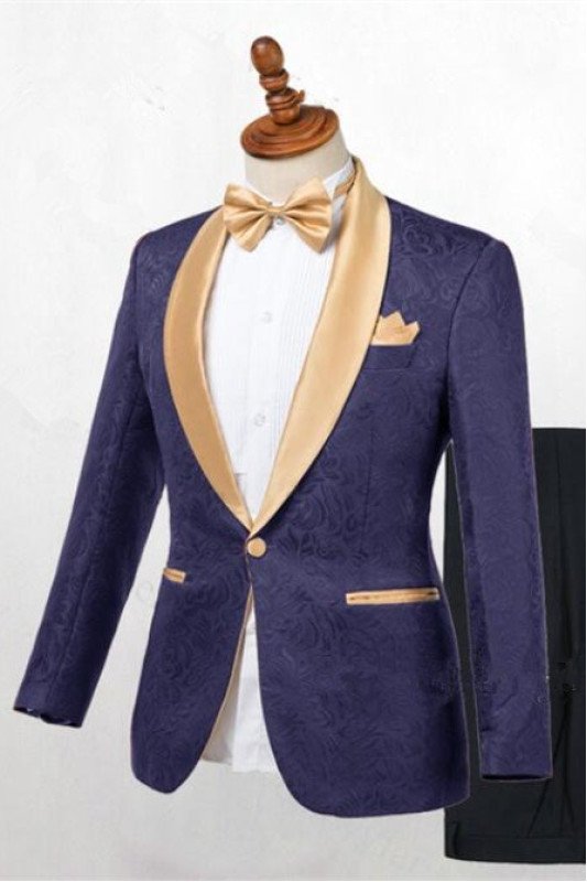 Dark Blue Jacquard Shawl Lapel Slim Fit Wedding Suits