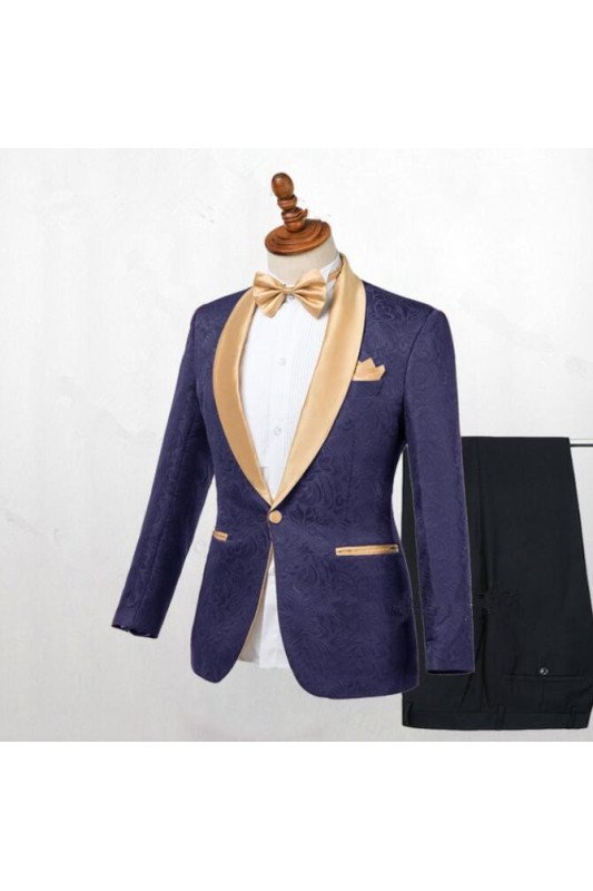 Dark Blue Jacquard Shawl Lapel Slim Fit Wedding Suits