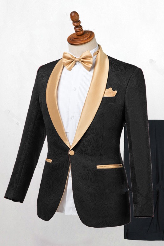 Cool Black One Button Wedding Men Suits with Gold Lapel