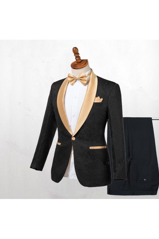 Cool Black One Button Wedding Men Suits with Gold Lapel