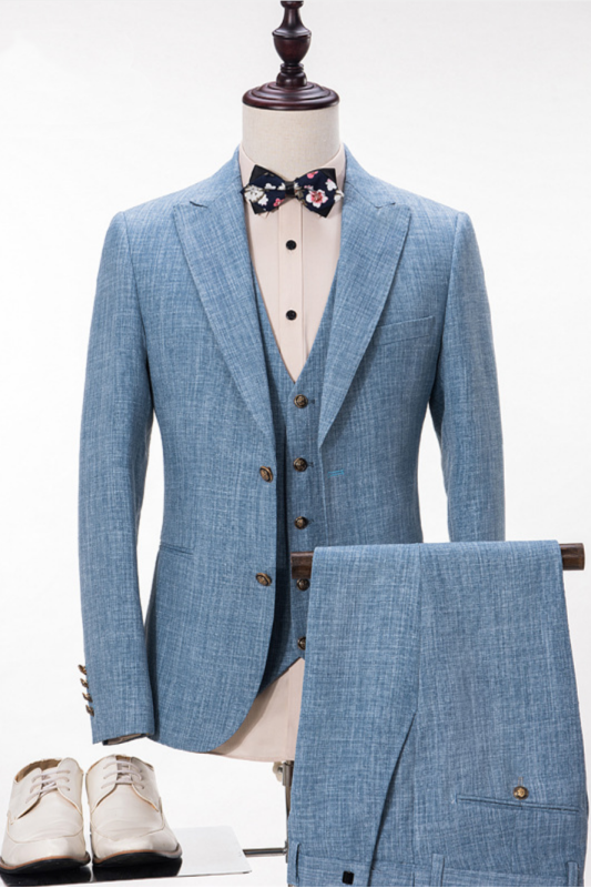 Fashion Blue Linen Suit For Wedding | Peak Lapel Summer Groom and Groomsmen Suits