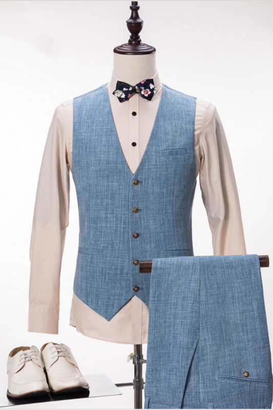 Fashion Blue Linen Suit For Wedding | Peak Lapel Summer Groom and Groomsmen Suits