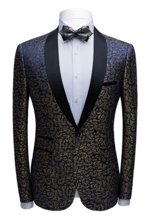 Stylish Black Satin Shawl Lapel Wedding Tuxedos | Gold Jacquard Blue Men Suits for Prom Stylish Black Satin Shawl Lapel Wedding Tuxedos | Gold Jacquard Blue Men Suits for Prom