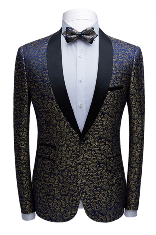 Stylish Black Satin Shawl Lapel Wedding Tuxedos | Gold Jacquard Blue Men Suits for Prom