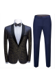 Stylish Black Satin Shawl Lapel Wedding Tuxedos | Gold Jacquard Blue Men Suits for Prom