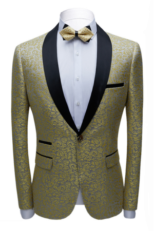 Chic Black Satin Shawl Lapel Prom Suits | Gold Jacquard Men Wedding Tuxedos Chic Black Satin Shawl Lapel Prom Suits | Gold Jacquard Men Wedding Tuxedos