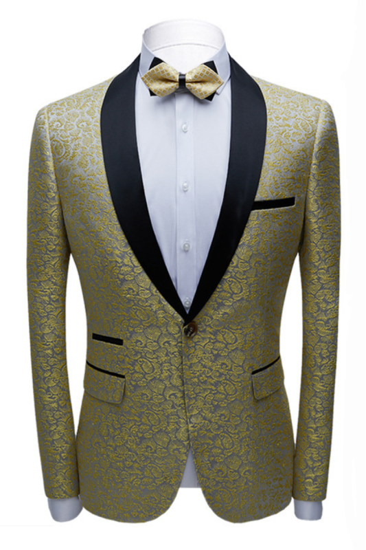 Chic Black Satin Shawl Lapel Prom Suits | Gold Jacquard Men Wedding Tuxedos