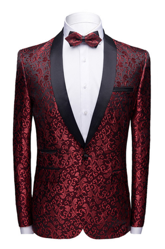 Elegant Burgundy Jacquard Wedding Tuxedos | Shawl Lapel Black Satin Men Prom Suits