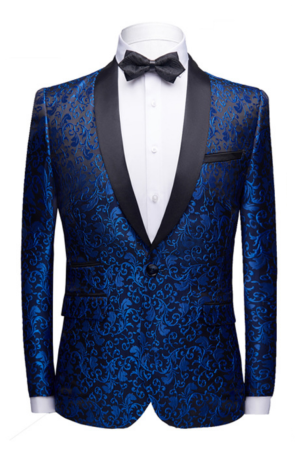 Stylish Royal Blue Jacquard Prom Suits | Shawl Lapel Black Satin Wedding Tuxedos Stylish Royal Blue Jacquard Prom Suits | Shawl Lapel Black Satin Wedding Tuxedos