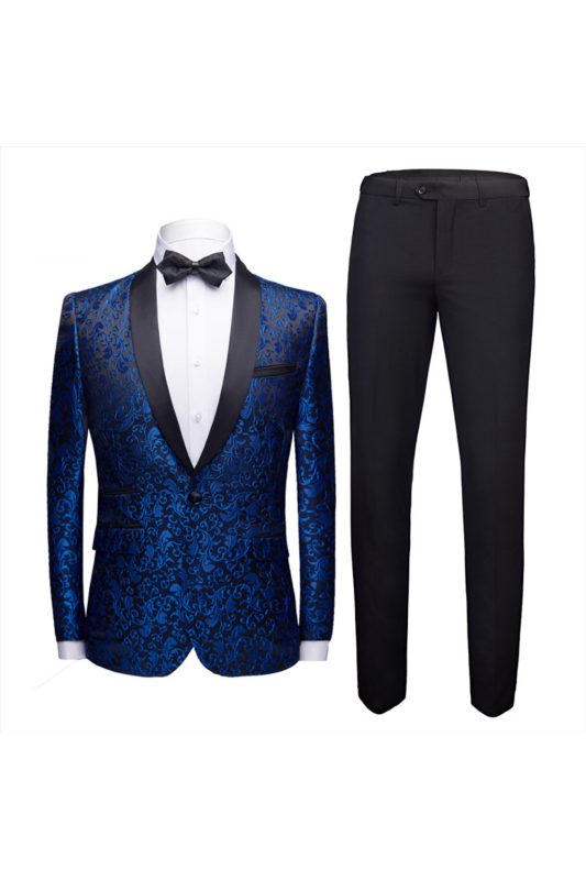 Stylish Royal Blue Jacquard Prom Suits | Shawl Lapel Black Satin Wedding Tuxedos