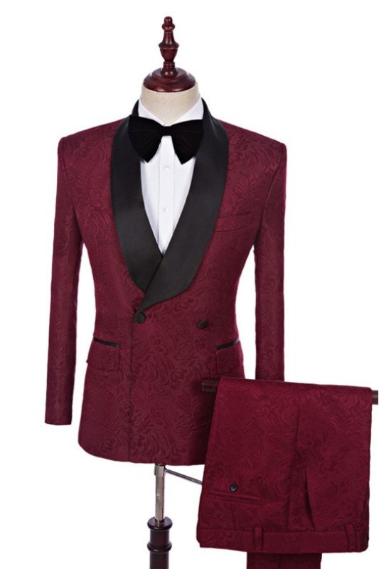Chic Burgundy Jacquard Double Breasted Best Fitted Wedding Suits