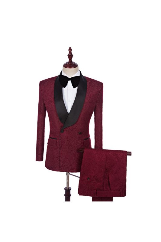 Chic Burgundy Jacquard Double Breasted Best Fitted Wedding Suits