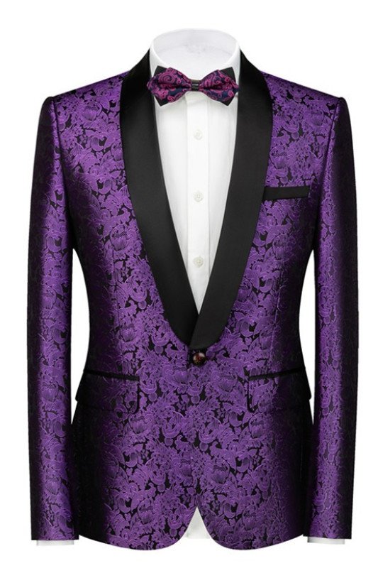 Fashion Purple Jacquard Best Fitted Black Lapel Wedding Suits for Men