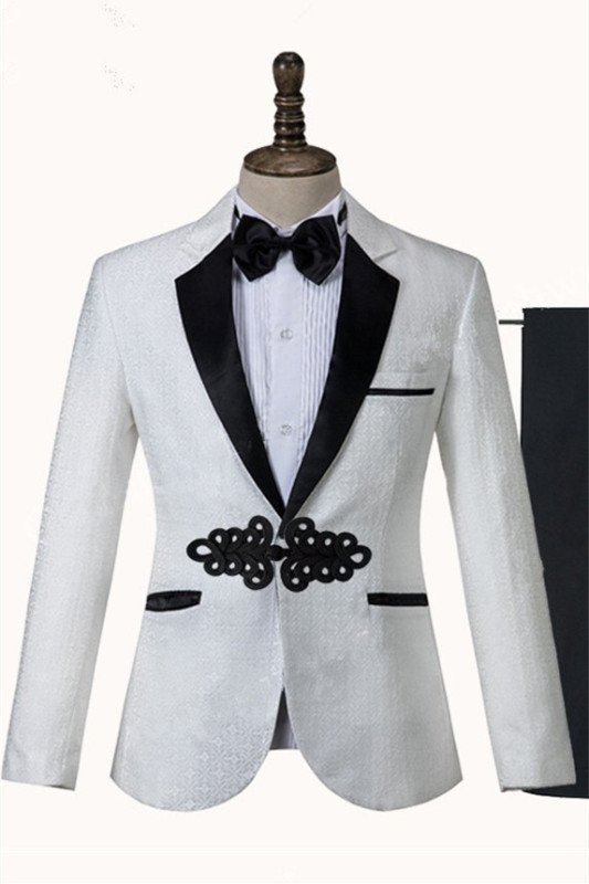 Cool White Jacquard Slim Fit Knitted Button Chic Wedding Suit