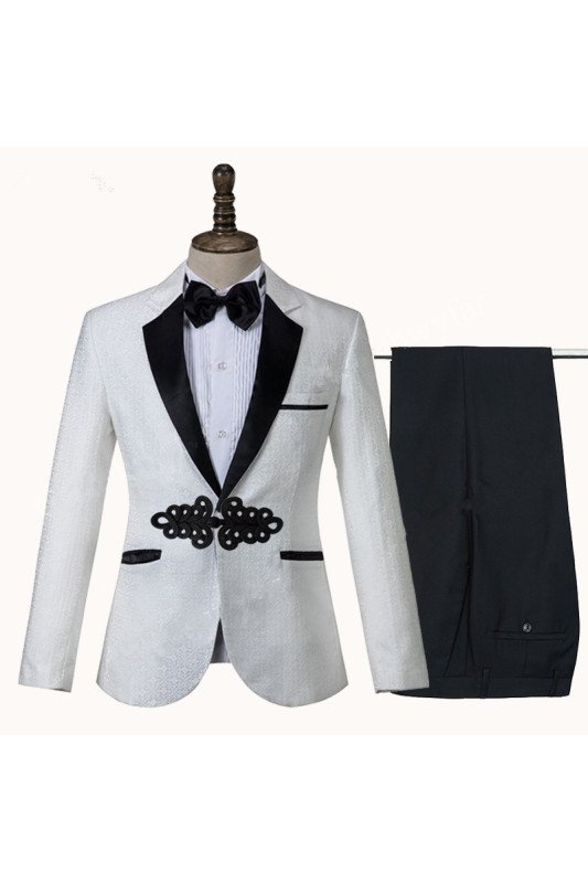 Cool White Jacquard Slim Fit Knitted Button Chic Wedding Suit