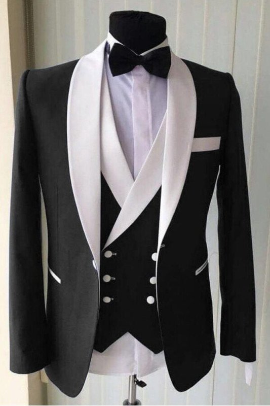 White Lapel Shawl Lapel Classic 3 Piece Black Wedding Suit for Formal