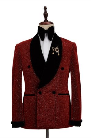 Bespoke Sparkle Red Black Shawl Lapel Double Breasted Chic Wedding Men Suits