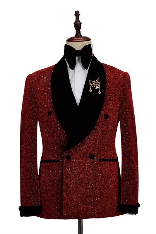 Bespoke Sparkle Red Black Shawl Lapel Double Breasted Chic Wedding Men Suits