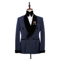 Elegant  Sparkle Dark Navy Black Shawl Lapel Double Breasted Wedding Suits