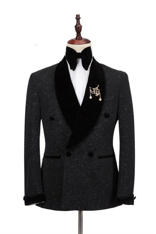 Gorgeous Shawl Lapel Double Breasted Sparkle Black Wedding Suits