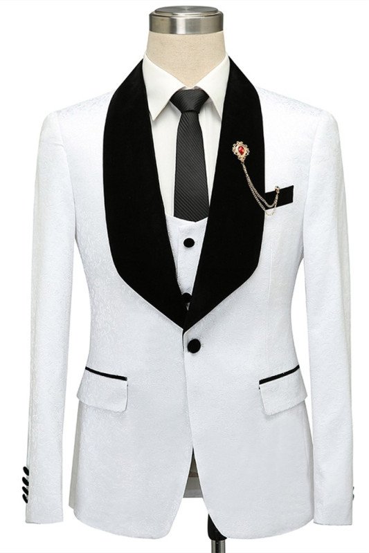 Newest White Jacquard One Button Wedding Men Suits with Black Lapel